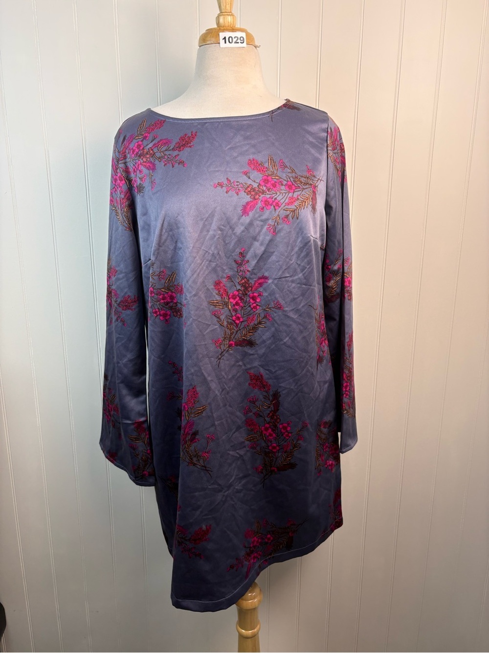 Grey Satin Floral Tunic Blouse/ Mini Dress Bell Sleeve Boho Cottagecore Large